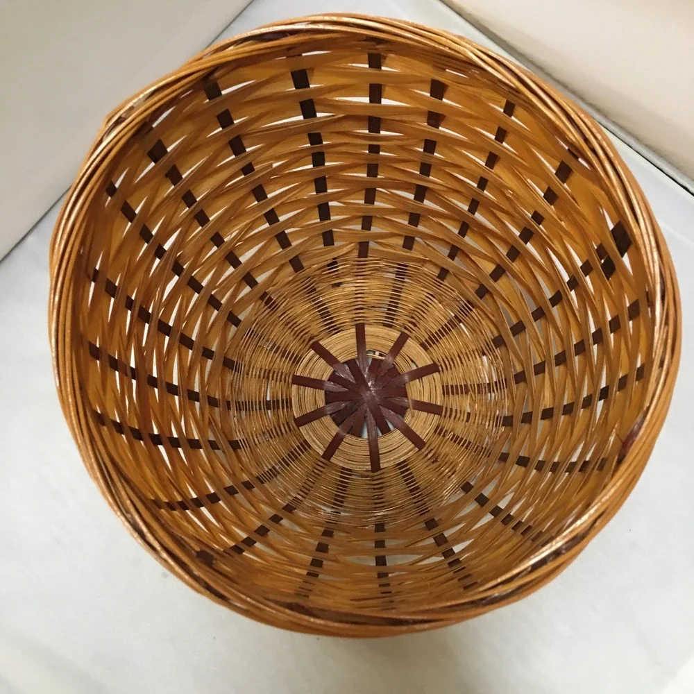 Woven Bamboo Basket Home Decor Medium Brown Gold Rim Boho Storage Waste Bin
